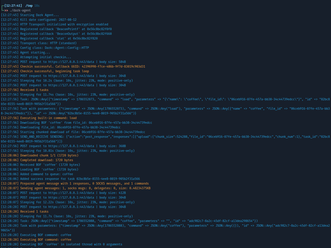 Dark agent debug output showing BOF load and execution