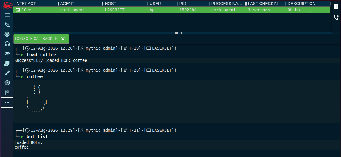 Mythic console showing Dark agent callback with coffee BOF executing