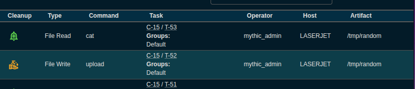 Mythic artifact tracker showing file read and write IOCs registered by Dark